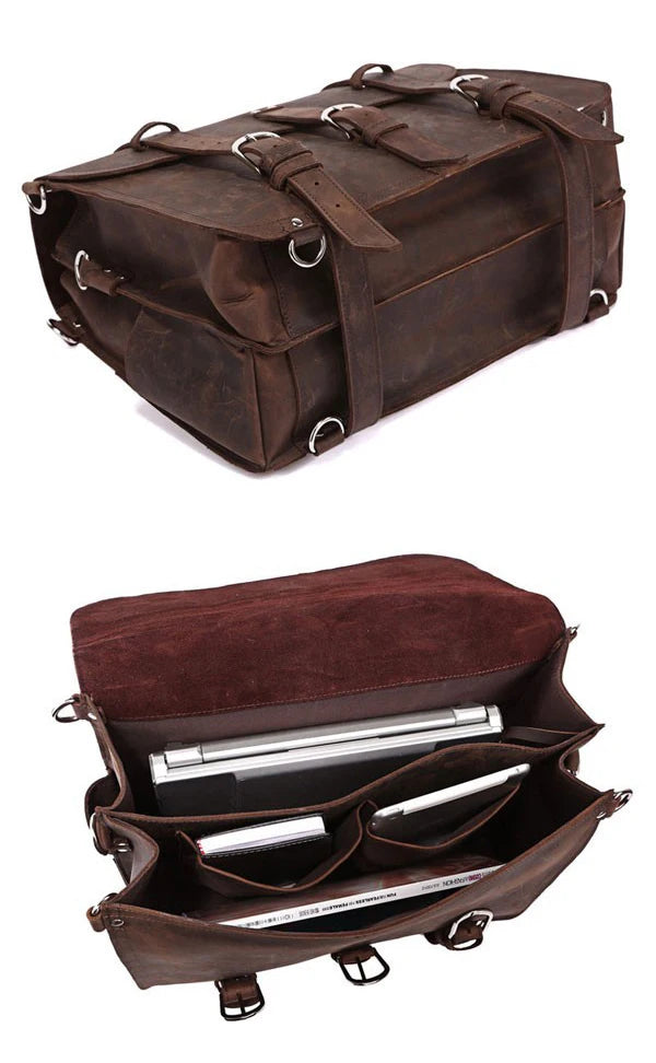 Vintage Crazy Horse Genuine Leather Men Briefcase Business Bag Large Leather Briefcase Male 15.6"Laptop Case Shoulder Bag office