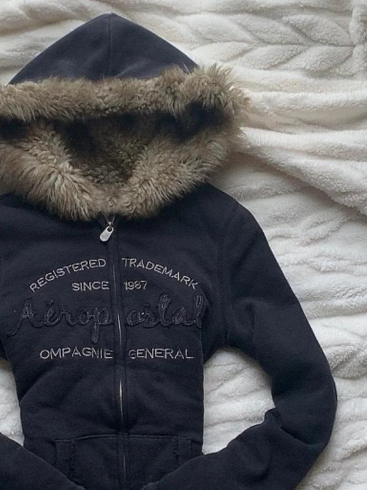 Retro Fur Collar Letter Embroidered Black Zipper Hoodie Women Y2K Street Millennial Hot Girl Slim Warm Harajuku Casual Jacket