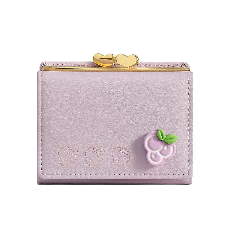 Cute Small Leather Pocket Wallet for Women Fruit Print Bifold Coin Purse Ladies Mini Short Purse Money Card Holders Clutch Bags