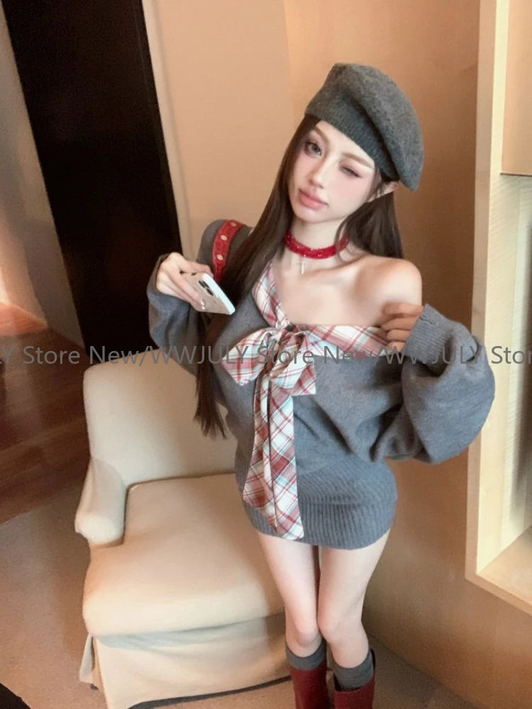 Autumn Winter Off Shoulder Elegant Knitted Dress Long Sleeve Plaid Sexy Dress Slim Bodycon Y2k Mini Dress Woman Korean Style