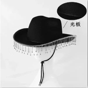 Rhinestone Fringe Western Cowboy Hat Tiara Cowgirl Hat Western Style Girl Wide Brim Felt Cowgirl Cap Costume Cosplay Party Hats