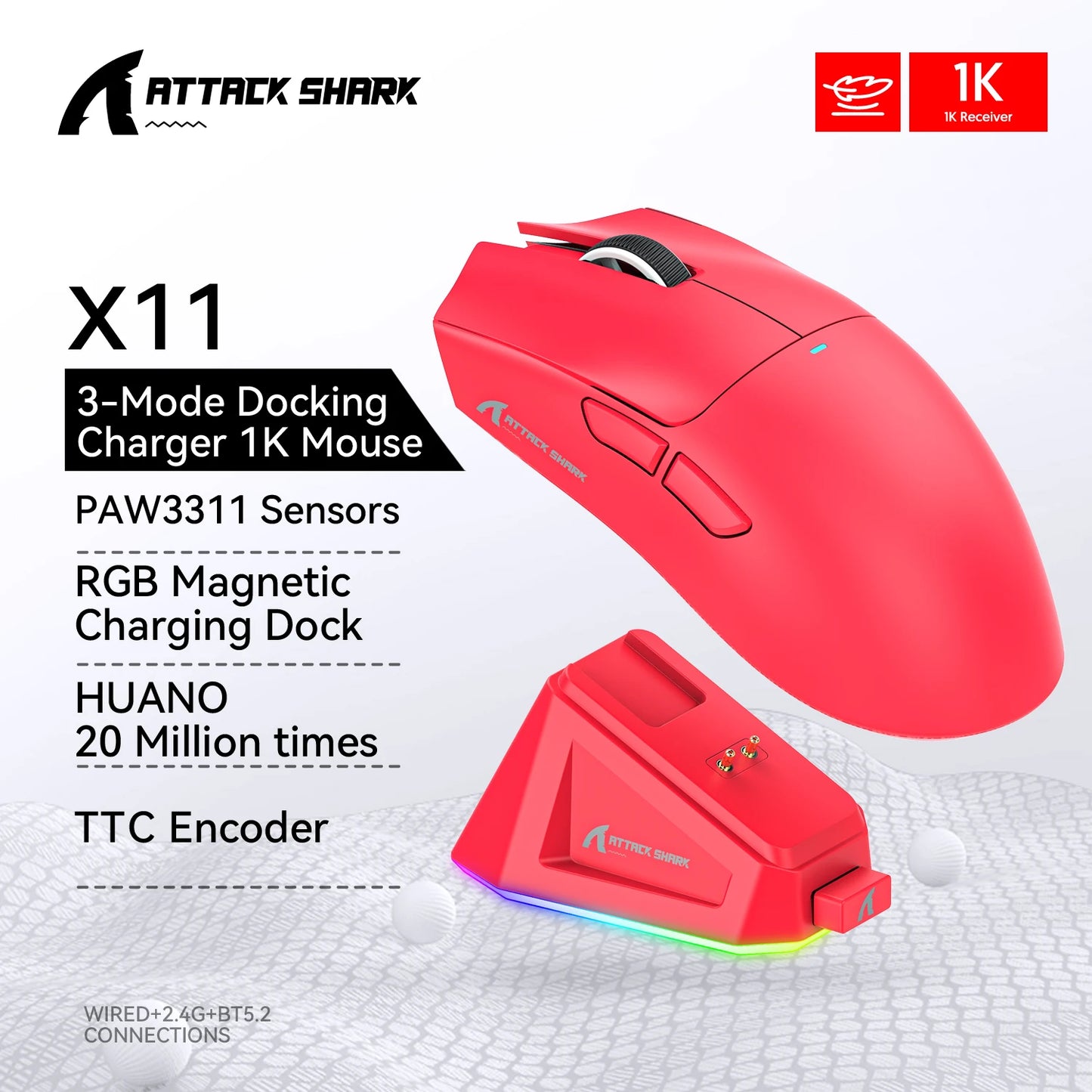 Attack Shark X11 Wireless Mouse,Tri-Mode Connection 2.4GHz/Wired/Bluetooth PAW3311 22000DPI 400IPS RGB PC Gaming Mouse