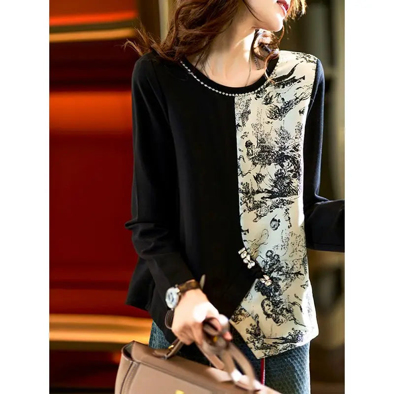 Temperament Splicing Jacquard Sweatshirts Women's High Street Autumn 2023 New Elegant Casual Style Vintage All-match Pullovers