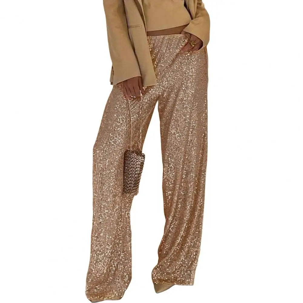 High-waisted Sequin Pants Sequin Embellished Wide Leg Pants for Women Mid-rise Elastic Waist Trousers with Shiny for Women