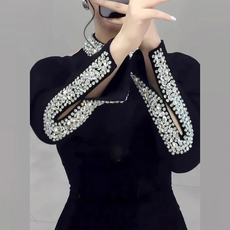 Luxury Elegant Slim Rhinestone Evening Dress 2025 New Women's Temperament Split Long Robe Sexy Bodycon Long Sleeve Banquet Dress