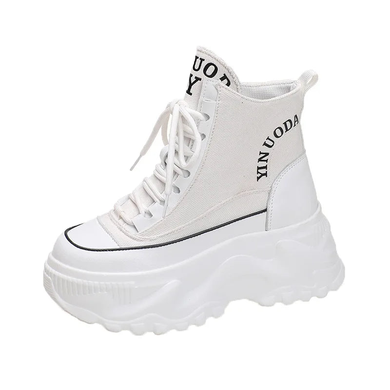 Fashion Chunky Platform Motorcycle Boots Women Autumn Winter Thick Bottom Ankle Botas Mujer White High Top Gothic Sneakers Shoes