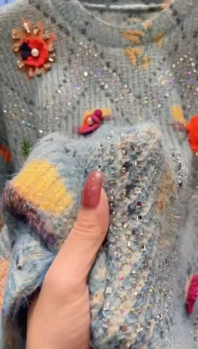 Luxury Style Blingbling Women's Sweater Autumn Winter Diamonds Embroidery Flowers Printed Outwears Knitted Pullovers Tops