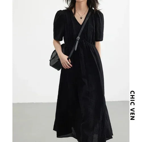 CHIC VEN Women Dresses French Style Vintage V-neck Puff Sleeve Long Dress Solid Black Loose Female Clothing Summer New 2023