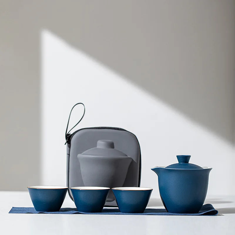 1 Set Portable Teacup Set Travel Kit Ceramic Kung Fu Teaware Ceramic Outdoor Camping Adults Chinese One Tea Pot Three Cups Gift