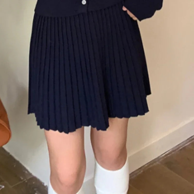 Vintage High Street V-neck 2-piece Set Women Korean Fashion Long Sleeve Knit Bow Pullover Female + Thin Solid Short Skirt Suit