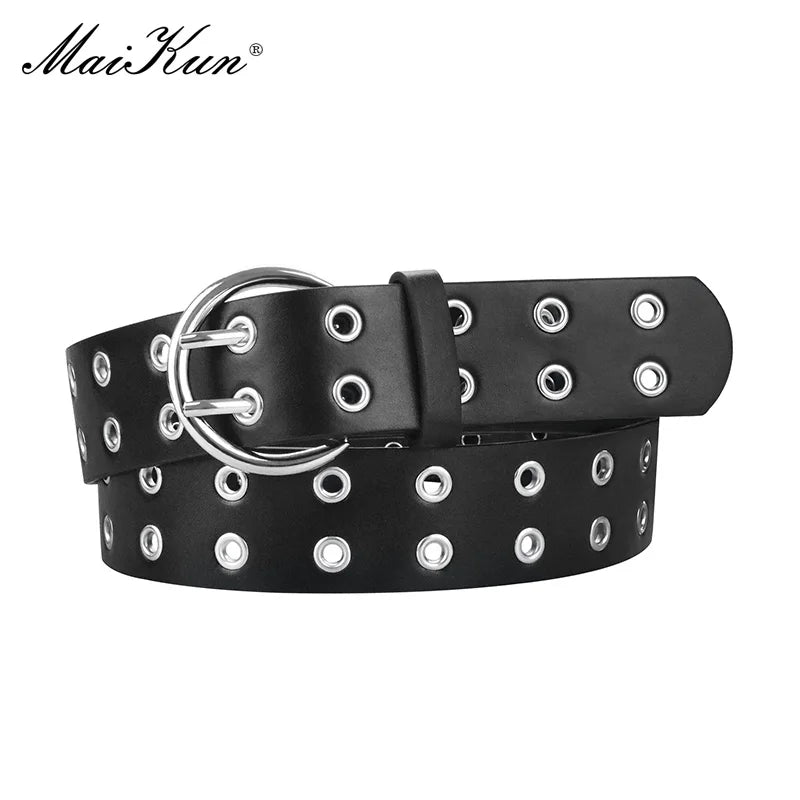MaiKun Women Punk Goth Belts Brand Leather Women Grunge Belt Halloween Double Pin Buckle Female Belt for Jeans Streetwear