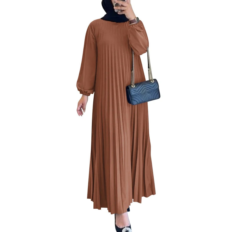 Women Autumn Maxi Dress Muslim Dubai Abaya Hijab Vestidos 2024 ZANZEA Fashion Long Sleeve Pleated Sundress Robe IsIamic Clothing