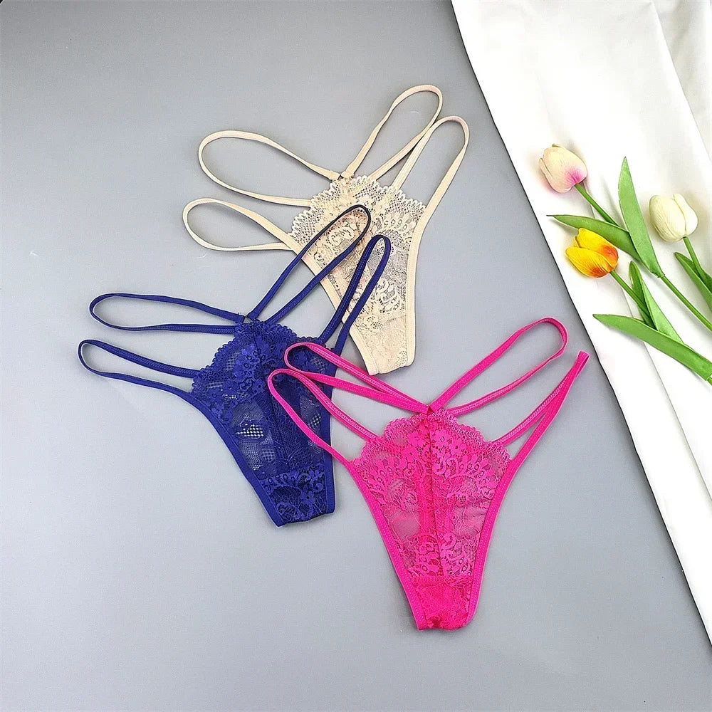 3 Pcs Lace Thin Strap Thong Women Low Waist Sexy Perspective Underwear Ladies Transparent G-string Panty Plus Size T-back