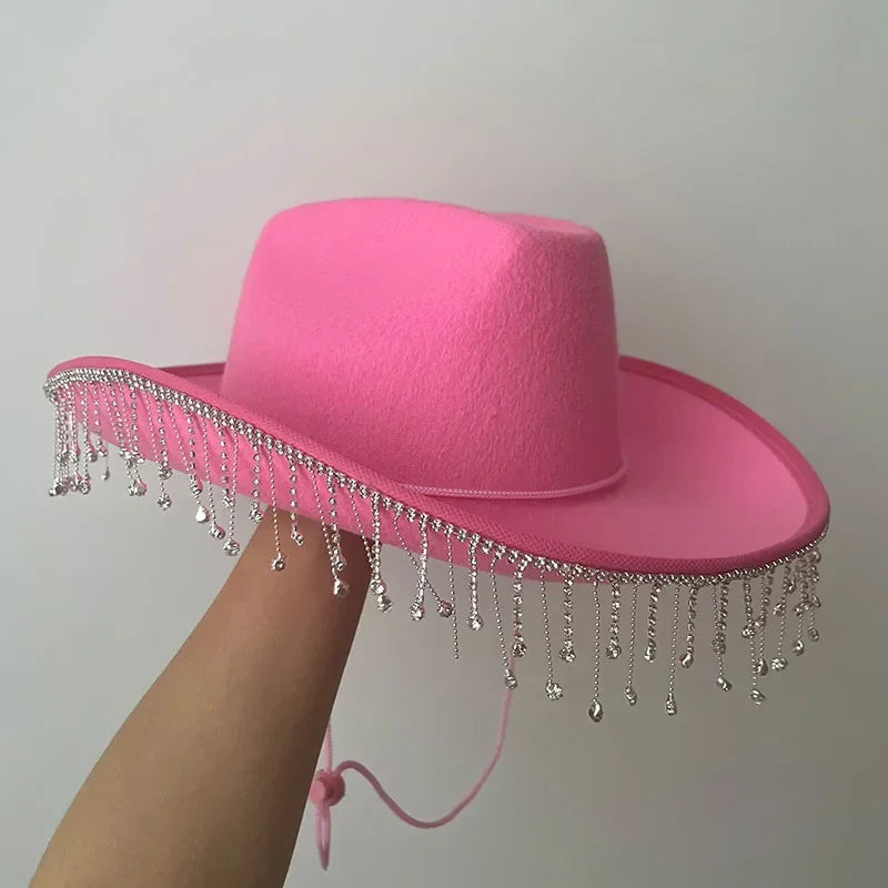 Rhinestone Fringe Western Cowboy Hat Tiara Cowgirl Hat Western Style Girl Wide Brim Felt Cowgirl Cap Costume Cosplay Party Hats