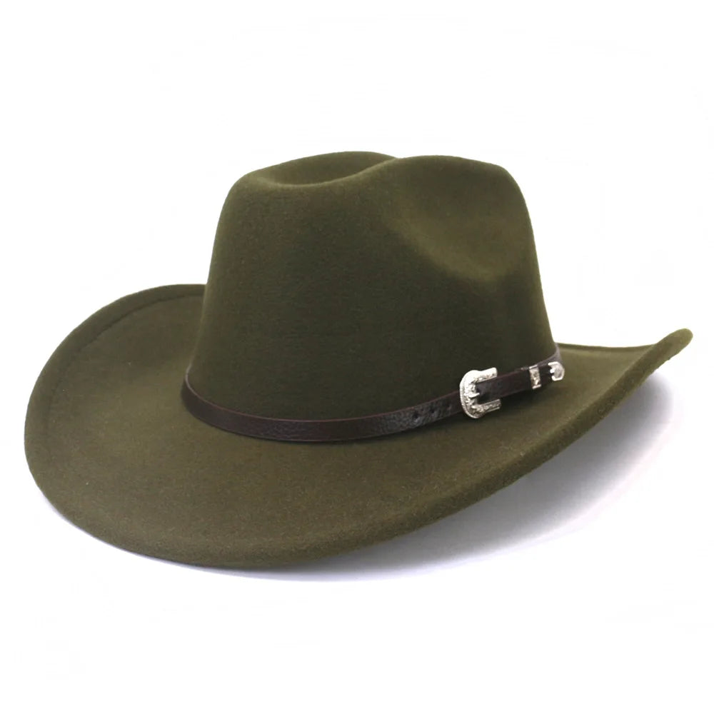 Vintage Western Cowboy Hat with Black Belt Men's Felt Fedora Hat Women Jazz Cowgirl Cap Cloche Church Sombrero Hombre Caps