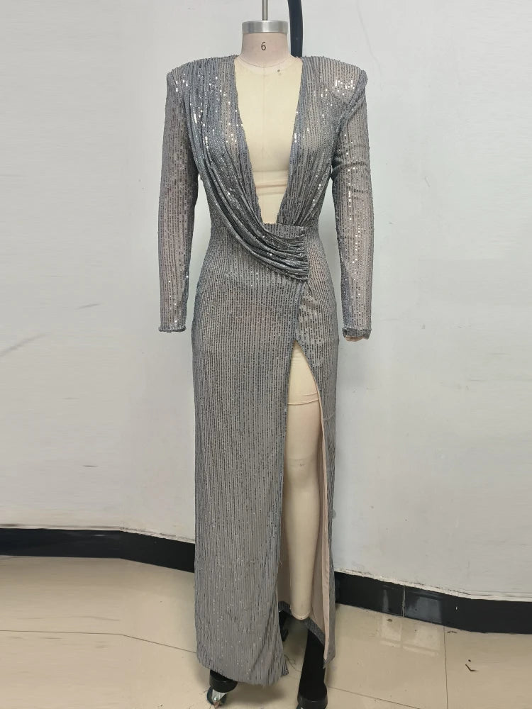 Sexy Deep V Neck Long Sleeve Shiny Sequins Folds Long Dress Women Sliver Gray Draped Split Slim Dresses Eveing Party Club Gowns