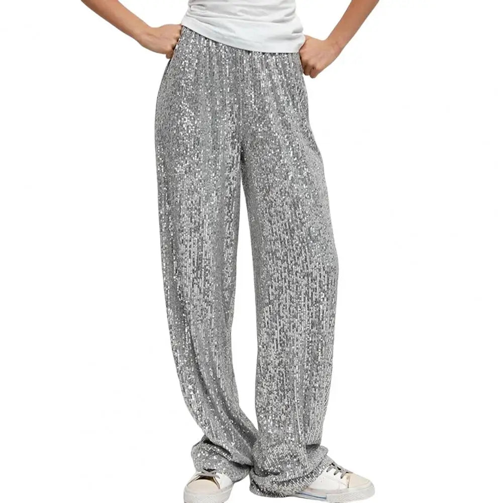 High-waisted Sequin Pants Sequin Embellished Wide Leg Pants for Women Mid-rise Elastic Waist Trousers with Shiny for Women