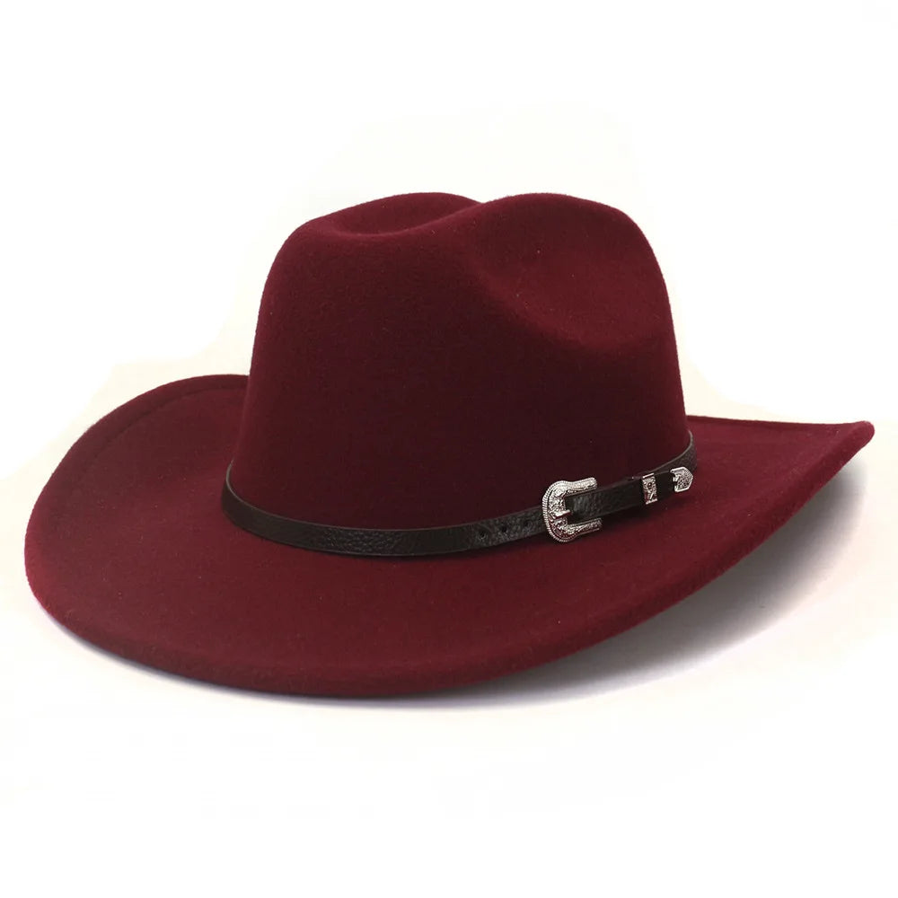 Vintage Western Cowboy Hat with Black Belt Men's Felt Fedora Hat Women Jazz Cowgirl Cap Cloche Church Sombrero Hombre Caps