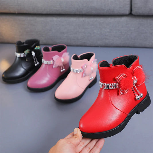 Winter New Children's Shoes Girl Mid Length Warm Leather Boots Baby Bow Cute  Plush Student  Cotton Boots