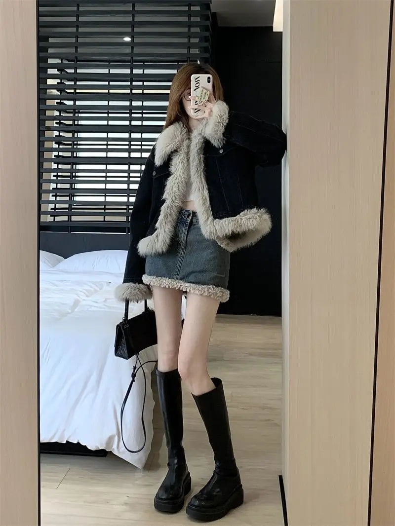 Autumn and Winter New Warm Suit Women's Fur One-piece Denim Jacket Y2K Fashion Splicing Skirt Goth Skirt Harajuku Two-piece Set