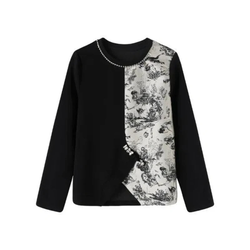 Temperament Splicing Jacquard Sweatshirts Women's High Street Autumn 2023 New Elegant Casual Style Vintage All-match Pullovers