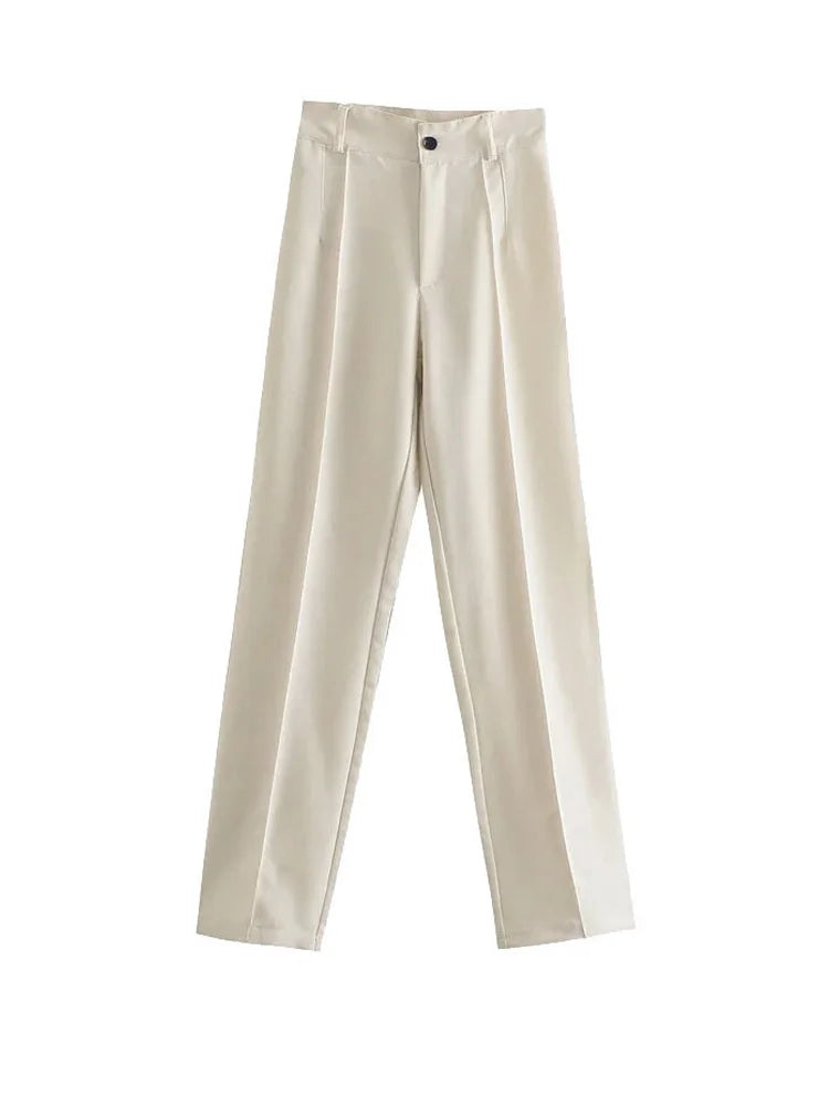 TRAF Women Chic Fashion Office Wear Straight Pants Vintage High Waist Zipper Fly Female Trousers Mujer
