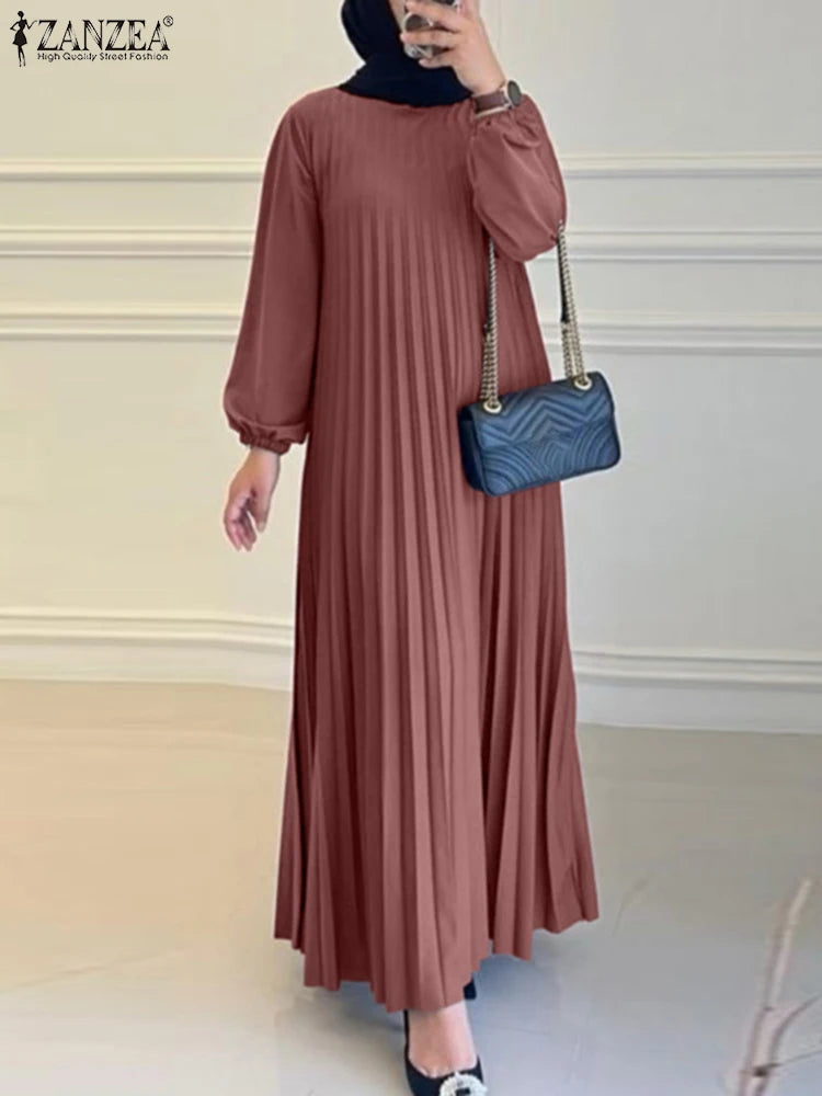 Women Autumn Maxi Dress Muslim Dubai Abaya Hijab Vestidos 2024 ZANZEA Fashion Long Sleeve Pleated Sundress Robe IsIamic Clothing