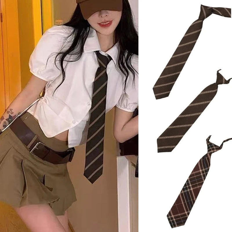 Polyester Silk Pre-Tied Neck Tie Vintage Brown Checkered Striped Necktie JK Girl School Student Uniform Bowknot Bowtie