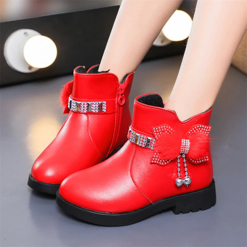 Winter New Children's Shoes Girl Mid Length Warm Leather Boots Baby Bow Cute  Plush Student  Cotton Boots