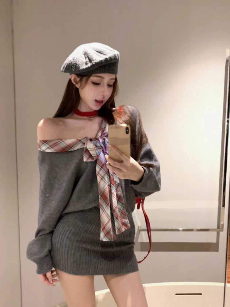 Autumn Winter Off Shoulder Elegant Knitted Dress Long Sleeve Plaid Sexy Dress Slim Bodycon Y2k Mini Dress Woman Korean Style