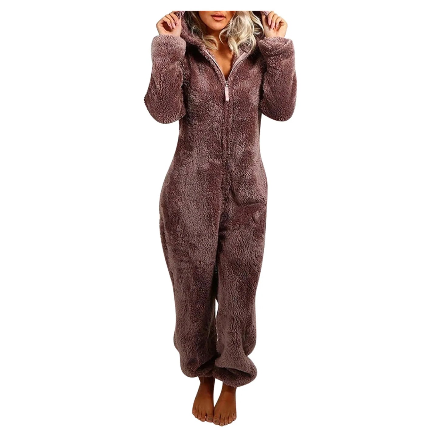 Winter Warm Sleepwear Home Clothes Cute Cat Ear Onesies Pyjamas Fluffy Fleece Hooded Jumpsuit Playsuit Pajama For Women Overalls