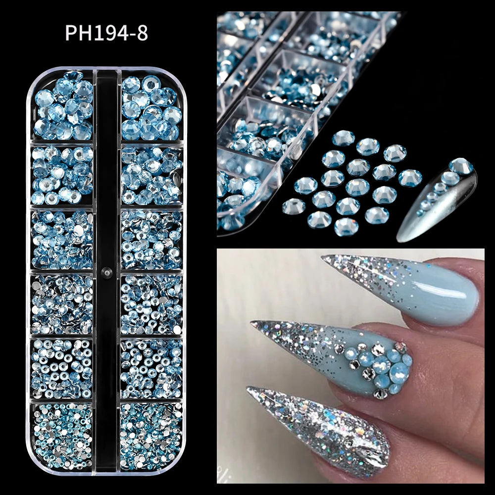 12 Grids Mixed White Pearl Nail Charms 3D Round/Semicircle Pearl Beads Nail Art Rhinestones Manicure Accessories DIY Parts Y7%6K