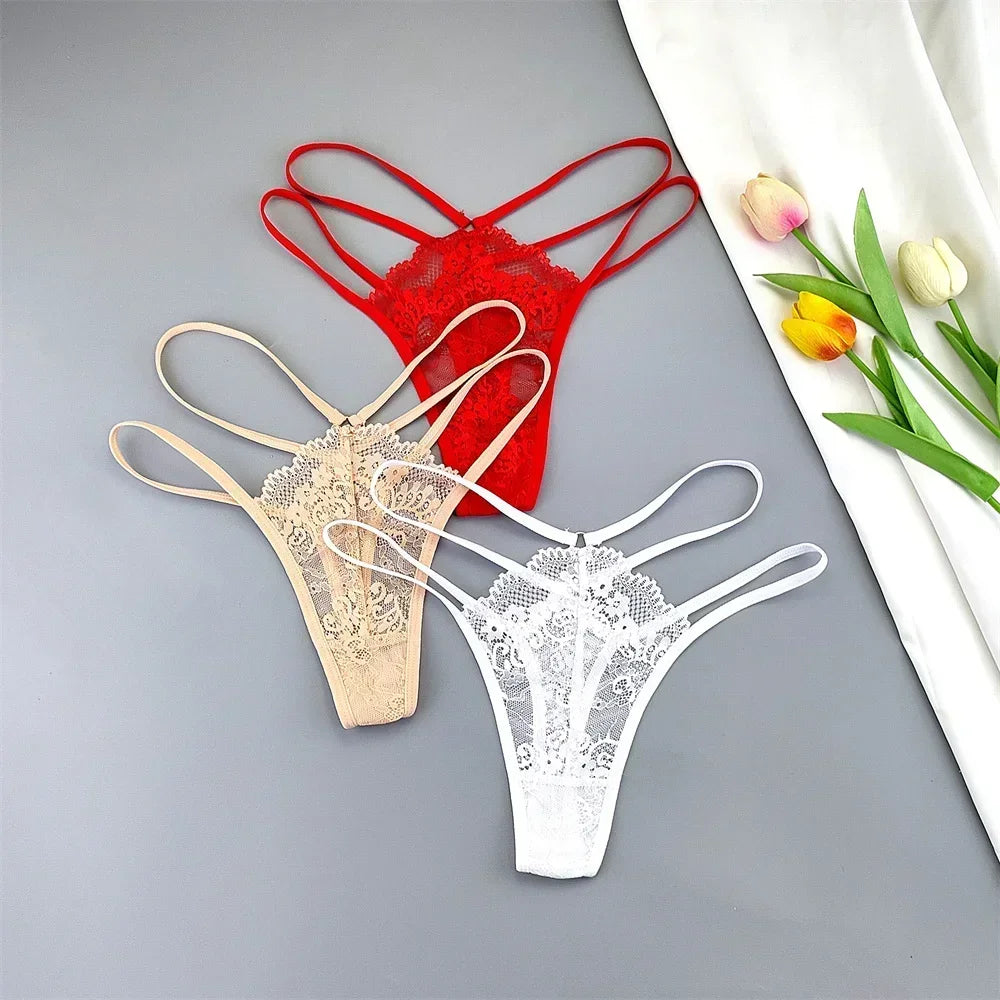 3 Pcs Lace Thin Strap Thong Women Low Waist Sexy Perspective Underwear Ladies Transparent G-string Panty Plus Size T-back