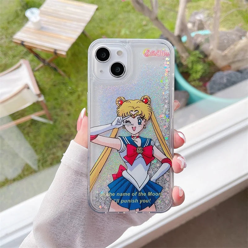 Cute Sailor Moon Anime Liquid Quicksand Glitter Luminous Case for IPhone 11 12 13 14 15 Pro Max Cartoon Silicone Cover Funda