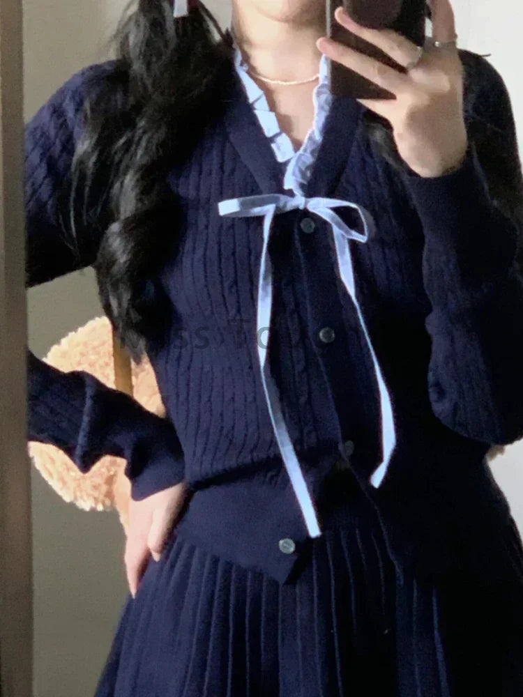 Vintage High Street V-neck 2-piece Set Women Korean Fashion Long Sleeve Knit Bow Pullover Female + Thin Solid Short Skirt Suit