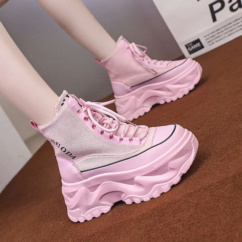 Fashion Chunky Platform Motorcycle Boots Women Autumn Winter Thick Bottom Ankle Botas Mujer White High Top Gothic Sneakers Shoes