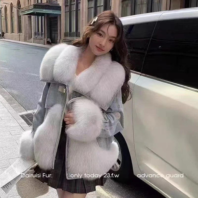 Womens Coats Winter 2024New Natural Real Fox Fur Collar removable Luxury Goose Down Puffer Jackets Clothing Short Denim Jacket