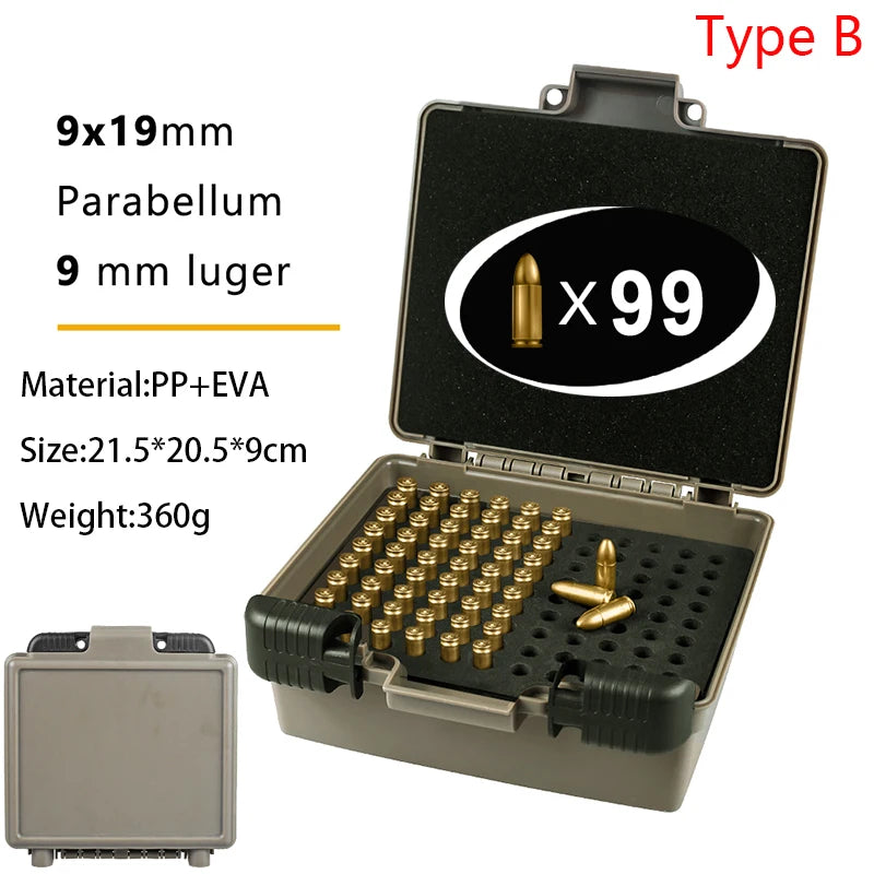 9mm Ammo Box 50/99/216 Rounds Ammunition Storage Bag Bullet Holder Pistol Cartridge Case Outdoor Shooting Hunting Accessories