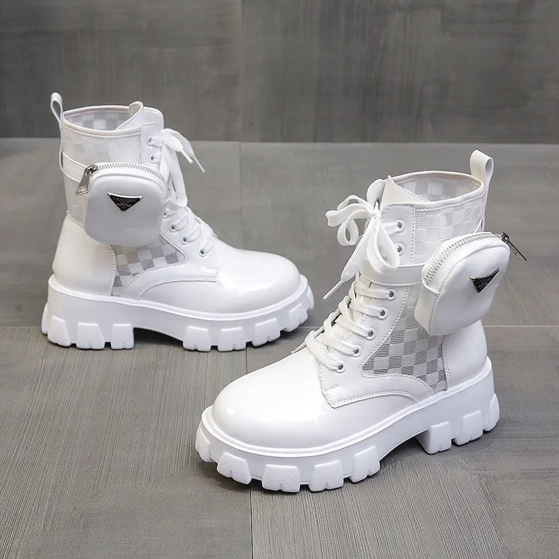 2024 New Women Thick-Soled Leather New Boots Casual Women Boots Women Fashion Lace-Up High Boots Nylon Pouch Heels Flats Booties