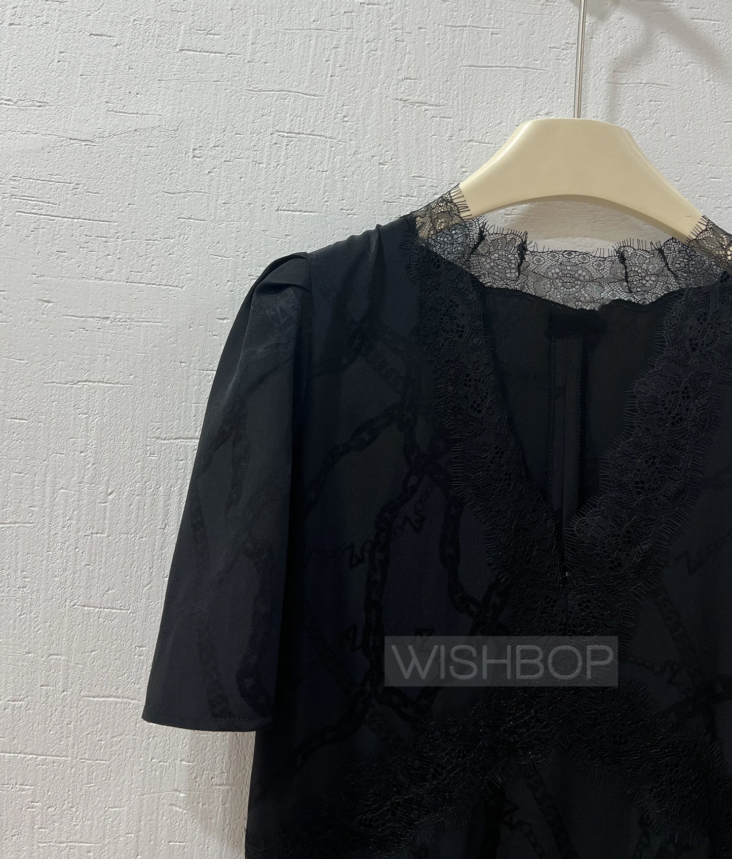 Woman Fashion Black Silk V-neck Lace Embroidered Patchwork Short Sleeved Midi Dress Chains Jacquard High Quality Dresses 2024