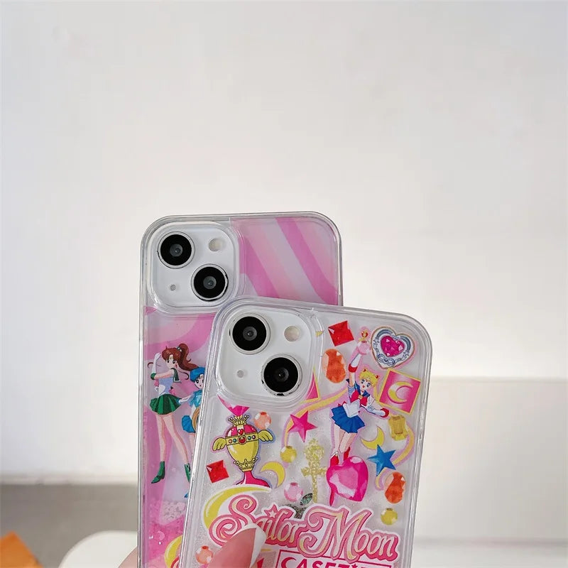 Cute Sailor Moon Anime Liquid Quicksand Glitter Luminous Case for IPhone 11 12 13 14 15 Pro Max Cartoon Silicone Cover Funda