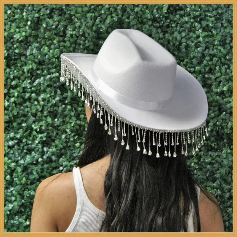 Rhinestone Fringe Western Cowboy Hat Tiara Cowgirl Hat Western Style Girl Wide Brim Felt Cowgirl Cap Costume Cosplay Party Hats