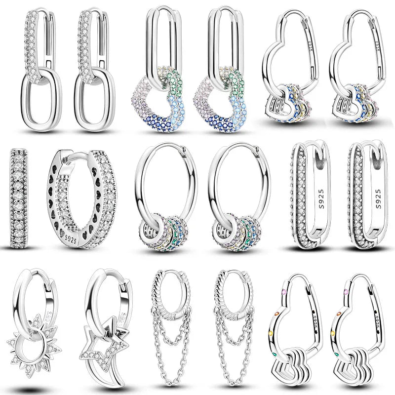925 Silver Hoop Earrings  For Woman Pendientes Zircon Heart Shape Star Eardrop Original Earring Fashion Jewelry