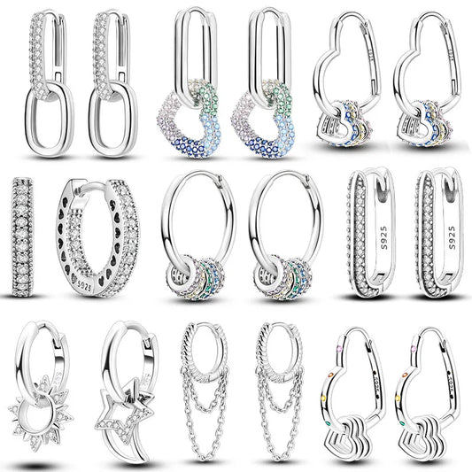925 Silver Hoop Earrings  For Woman Pendientes Zircon Heart Shape Star Eardrop Original Earring Fashion Jewelry