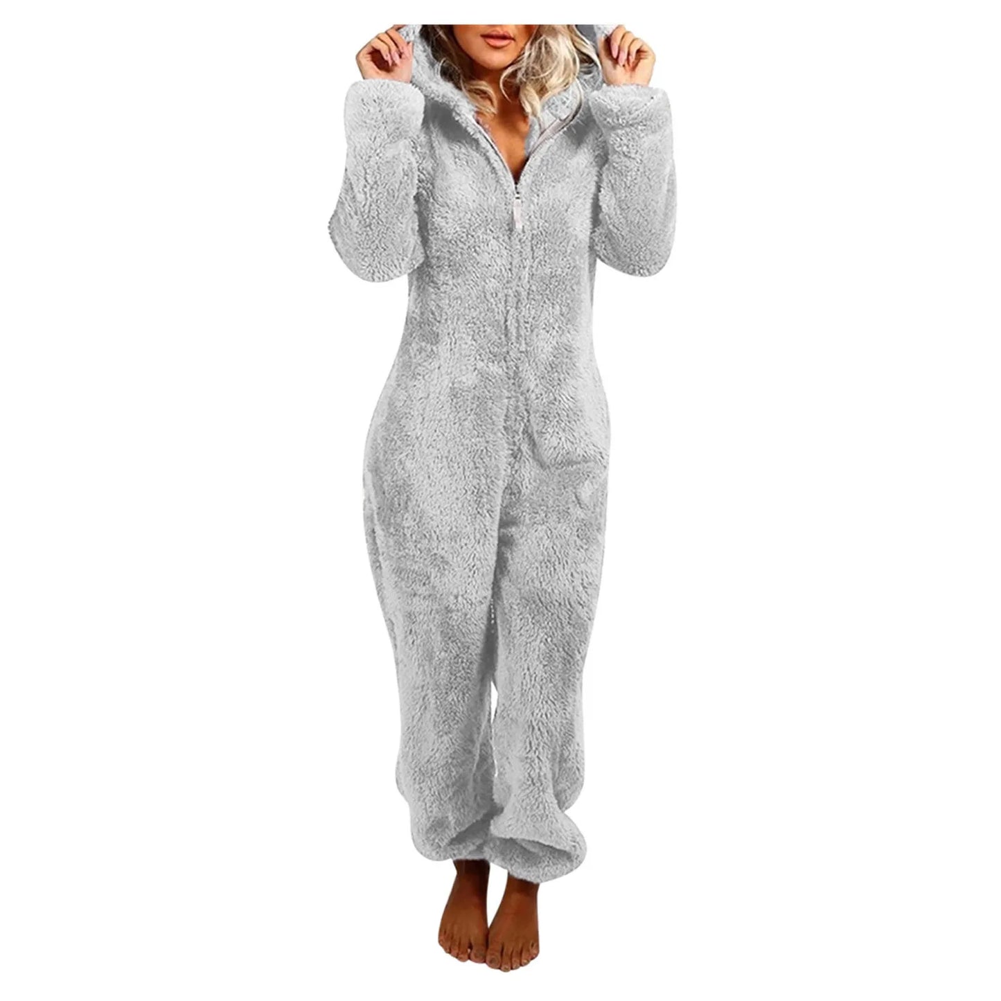 Winter Warm Sleepwear Home Clothes Cute Cat Ear Onesies Pyjamas Fluffy Fleece Hooded Jumpsuit Playsuit Pajama For Women Overalls