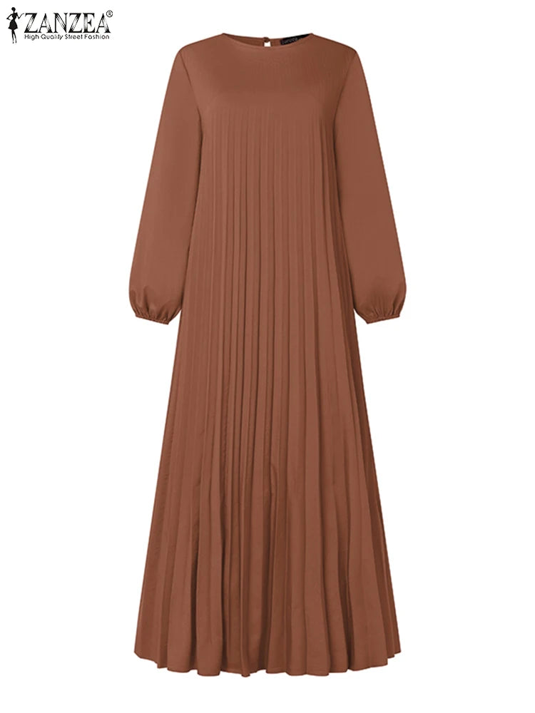 Women Autumn Maxi Dress Muslim Dubai Abaya Hijab Vestidos 2024 ZANZEA Fashion Long Sleeve Pleated Sundress Robe IsIamic Clothing