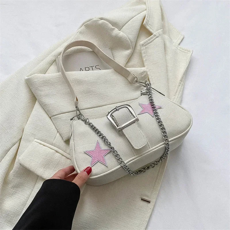 Y2k Fashion Women's Handbags Stars Pattern Cool Girls Underarm Bag Fashion Canvas Female Small Shoulder Bags Chain Tote Purses