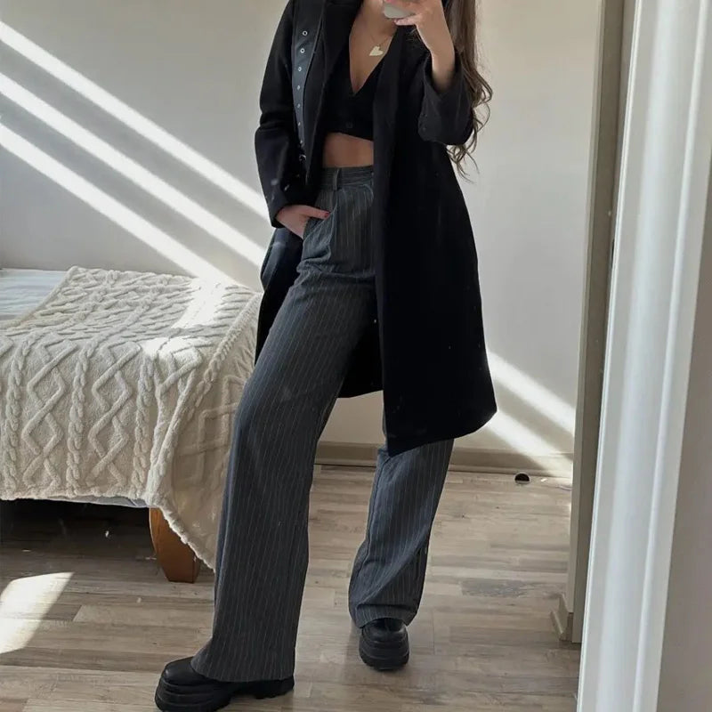 TRAF Women's Formal Pants Office Wear Women Striped Grey Black Pants Woman High Waist Baggy Suit Pants Casual Wide Leg Trousers