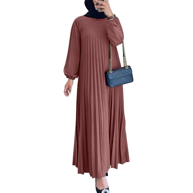 Women Autumn Maxi Dress Muslim Dubai Abaya Hijab Vestidos 2024 ZANZEA Fashion Long Sleeve Pleated Sundress Robe IsIamic Clothing