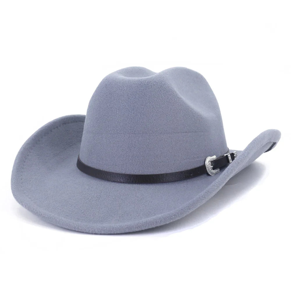 Vintage Western Cowboy Hat with Black Belt Men's Felt Fedora Hat Women Jazz Cowgirl Cap Cloche Church Sombrero Hombre Caps